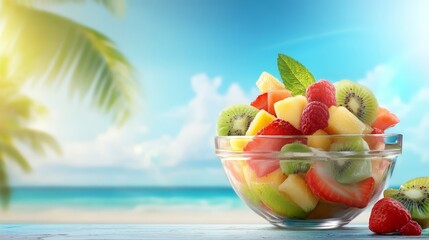 Canvas Print - Vibrant bowl of fresh fruit on a table with stunning beach view, perfect for healthy summer vibes.