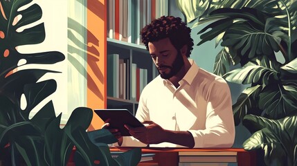 Wall Mural - illustration of a man using a tablet in an office environment with books and plant