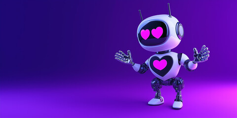 Poster - Cute robot showing love with heart-shaped eyes and chest on purple background