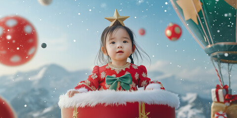 Little girl celebrating christmas in a hot air balloon with gifts and snowflakes