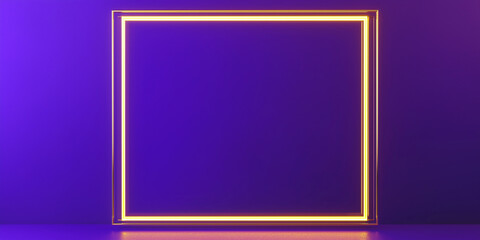 Poster - Glowing neon square frame on purple background illuminating empty space