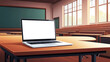 © Bening - A modern laptop sits open on a desk in a sunlit, empty classroom. The scene reflects themes of education, technology, and innovation in a learning environment.