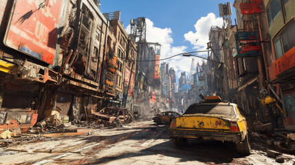 Naklejka na meble Post-Apocalyptic Cityscape: Ruined Buildings, Yellow Taxi, 3D Render