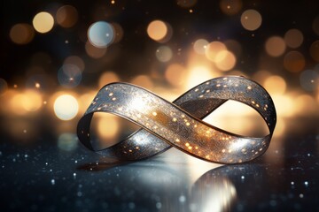 Beautiful ribbon in the shape symbol with a glittery and bokeh background, featuring a glowing light effect. Cosmic planet and space elements, high-resolution, professional-quality photograph. 