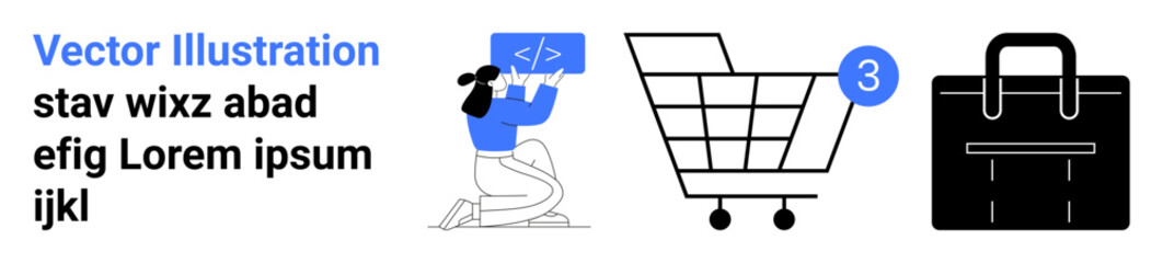 Developer kneeling with code, empty shopping cart with notification bubble, black business briefcase. Ideal for eCommerce, web development, business services, startups, online shopping, technology