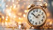 © Nasira - Vintage gold clock counting down to New Year 2024 with festive confetti, bokeh lights, and fireworks in the background
