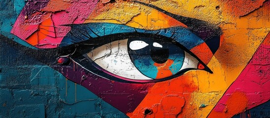 Wall Mural - a close-up of a colorful graffiti eye, painted on a textured wall.