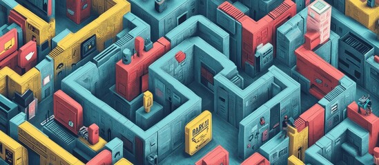 Wall Mural - abstract maze pattern with colorful geometric shapes in an isometric view.
