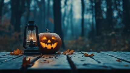 Halloween holiday carved pumpkin in dark woods