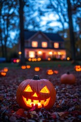 Halloween holiday carved pumpkin and decorated family home building