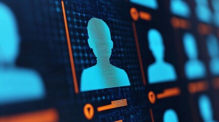blue digital profiles on a screen with an orange interface.
