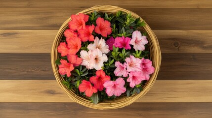 Vibrant Azalea Flowers in a Woven Basket