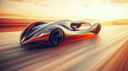 Futuristic sports car speeding on an open road at sunset.