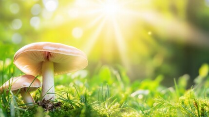 Two mushrooms growing in a forest clearing with a bright sun shining in the background.