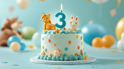 Wall Mural - Adorable birthday cake for a child's third birthday celebration