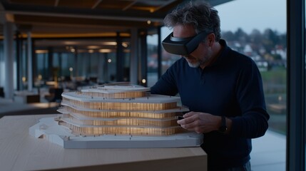 A man wearing a virtual reality headset interacts with a futuristic architectural model, immersed in innovation and design.