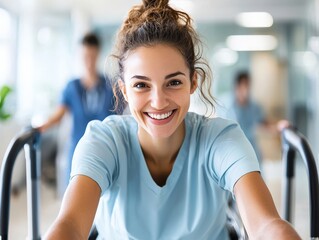 A physical therapist using innovative equipment to help a patient regain mobility in a warm and bright rehabilitation center