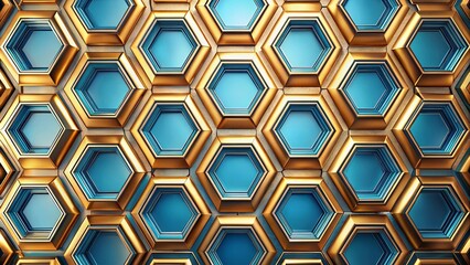 A symmetrical pattern of nested hexagonal forms, with gold edges and a deep blue interior, creating a visually captivating and intricate geometric design.