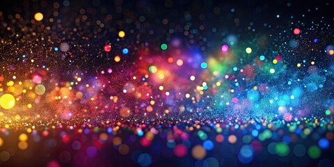 Wall Mural - Multicolored particles in the air with bokeh light effects on dark background, sparkles, depth of field, holiday