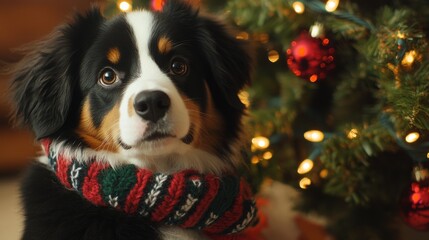 Wall Mural - Adorable puppy in a festive scarf poses by a beautifully decorated Christmas tree filled with lights and ornaments