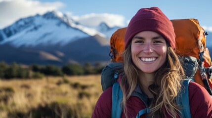 Wall Mural - smiling woman in hiking gear enjoys a sunny mountain adventure in a breathtaking natural landscape