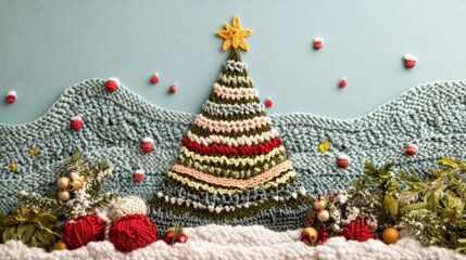 Handmade Christmas greeting card featuring a knitted tree and snowy landscape in a festive winter setting