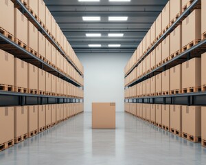 A wide aisle in a modern warehouse filled with neatly stacked boxes on shelves, creating a spacious, organized storage environment.