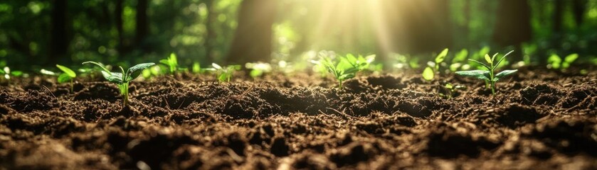 closeup of forest floor textures, with fine details of soil and tiny plants, illuminated by gentle s