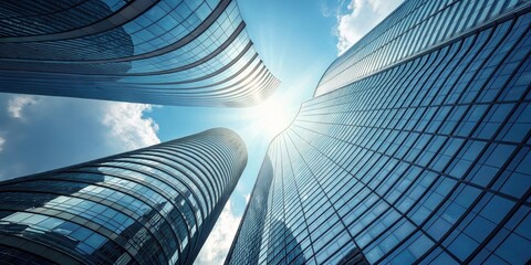 A low angle view of a city skyline featuring multiple glass and steel buildings reaching towards a bright blue sky with fluffy white clouds