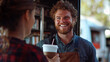 © Sabana - Barista serving coffee to a customer in a cheerful outdoor cafe atmosphere
