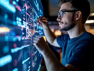 A software developer participating in a team brainstorming session, drawing code structures on a large whiteboard in a vibrant tech workspace