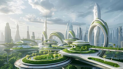 Wall Mural - futuristic eco-city with green roofs and towers