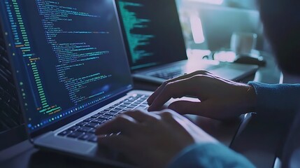 A person is typing on a laptop computer with a blue screen