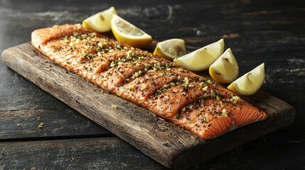 A fresh, raw salmon fillet seasoned with herbs and spices, laid out on a rustic wooden board with lemon wedges.