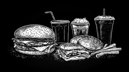 A monochrome sketch of a fast food set featuring burgers, fries, soda, pizza slices, and a sandwich. Doodle style, perfect for menu designs.