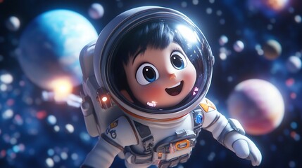 Wall Mural - A young astronaut floats in space, surrounded by planets and stars, with a joyful expression on their face.