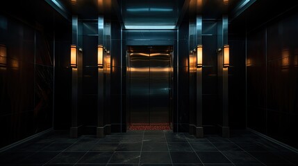 Wall Mural - A dramatic scene of an elevator in a high-rise building during a power outage, with dim emergency lights casting eerie shadows and highlighting its structure. 