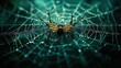 © minhnhat - A close-up of a wild spider web glistening with water droplets on a dark green background, perfect for Halloween party posters, banners, or greeting cards with space for text.