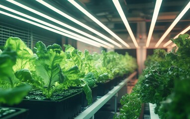 Wall Mural - a futuristic microclimate farming system with rows of vegetables thriving under precise conditions