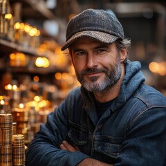 Bearded man in casual attire smiles warmly in a cozy workshop setting, surrounded by stacks of handmade candles and warm ambient lighting.