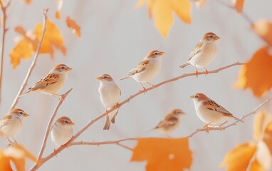 Poster - Small Birds Perched on Autumn Branches Amidst Orange Leaves in Soft Focus