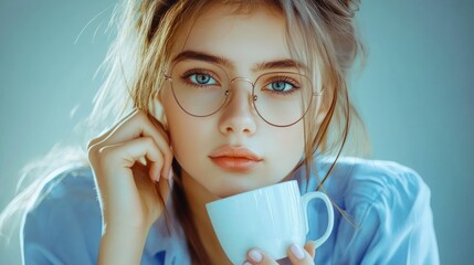 Poster - Young Woman in Glasses Holding a Cup