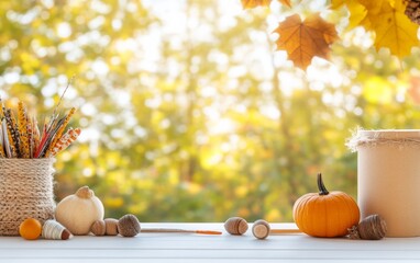 Wall Mural - Autumn Crafting Table with Pumpkin and Acorns Surrounded by Vibrant Fall Foliage