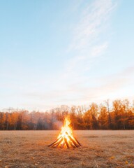 Wall Mural - Autumn Campfire Under a Pastel Sky Nature and Solitude