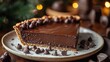 © minhnhat - Slice of homemade chocolate pie on a table with golden lights, offering a minimalistic food banner design.