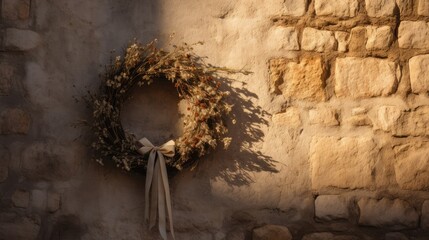 Wall Mural - A serene scene of a dried flower wreath hanging on an aged stone wall, with shadows from the late afternoon sun casting intricate patterns