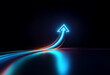 © joeycheung - A bright blue neon arrow points upwards, leaving a glowing trail behind it.