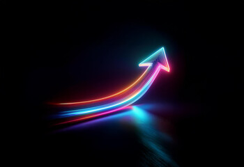 Wall Mural - a glowing neon arrow pointing upward with a vibrant pink and blue light.