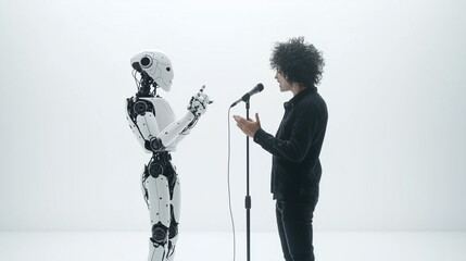 Human and Robot Duet: A futuristic and thought-provoking image of a human singer performing with a robot, raising questions about the future of music and the intersection of technology and creativity.