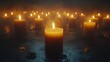 © Lucianastudio - Rows of memorial candles in a dark setting, glowing softly, symbolizing remembrance, empty space around